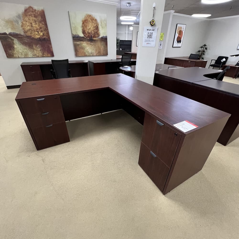 mahogany l-desk with double pedestal left return, used office furniture