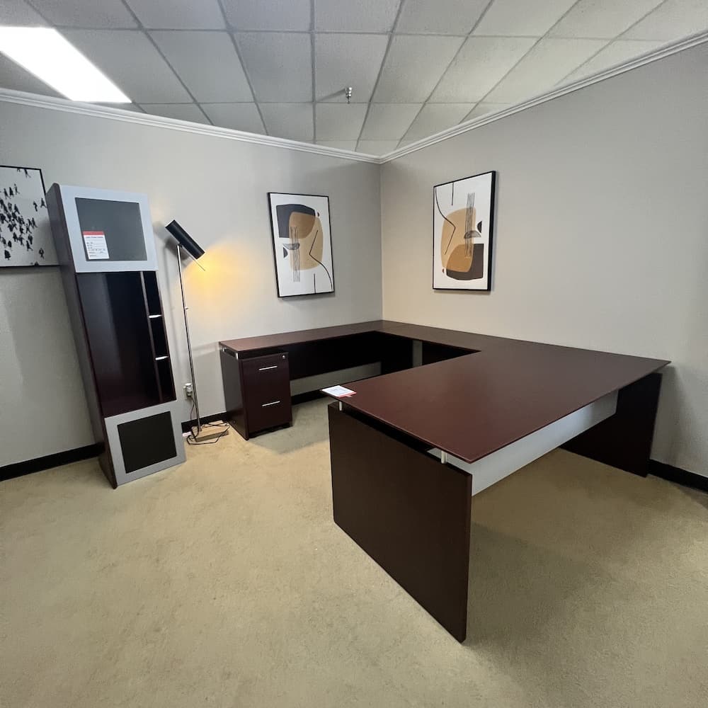 mahogany u-desk left return with silver accents, performance laminate, 2 rolling pedestal vertical files, used office furniture