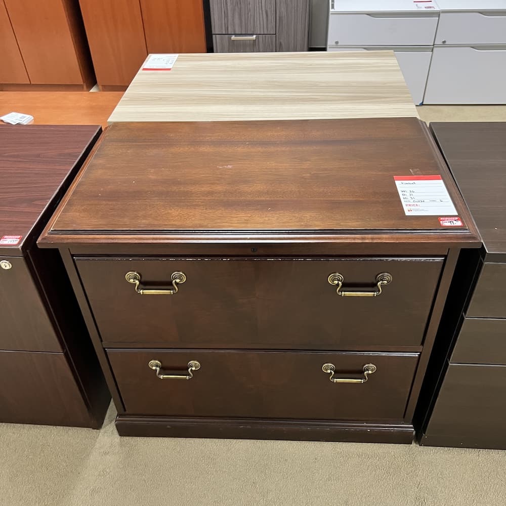 mahogany veneer 2 drawer lateral file, used office furniture, vintage Kimball
