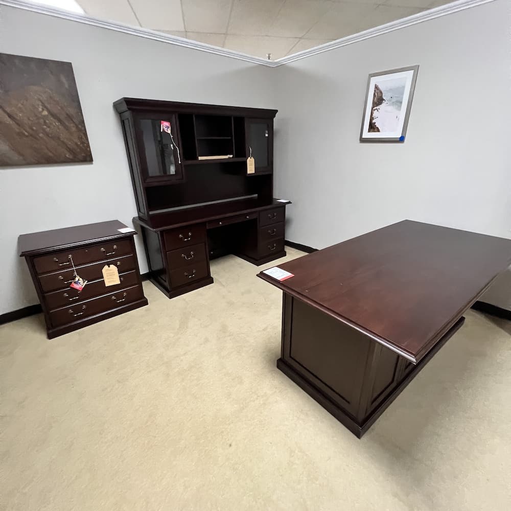 mahogany veneer wood traditional desk credenza and 2 drawer lateral file, open box scratch n dent office furniture