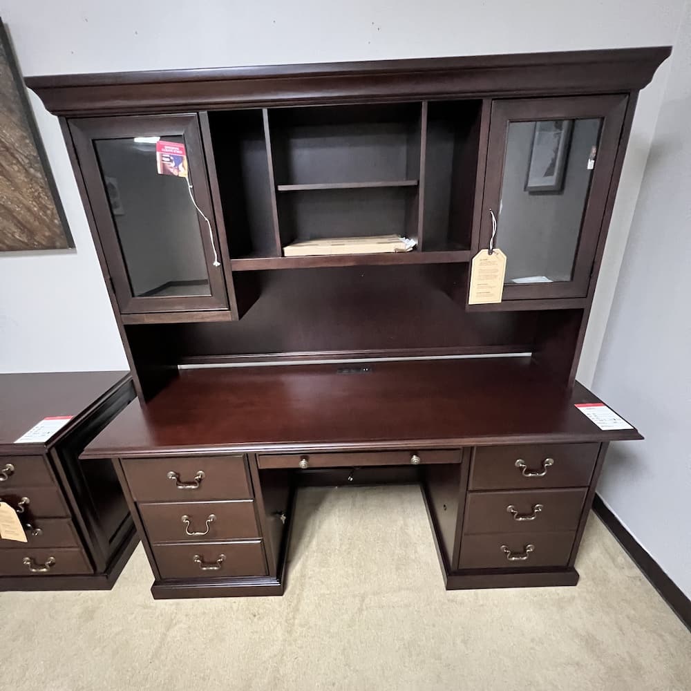 mahogany veneer wood traditional desk credenza and 2 drawer lateral file, open box scratch n dent office furniture
