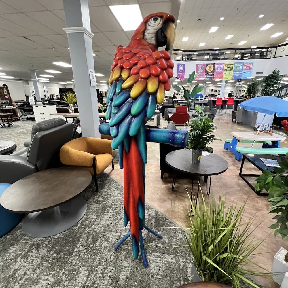 parrot macaw sculpture floor free standing, poly resin indoor outdoor, used furniture, decor