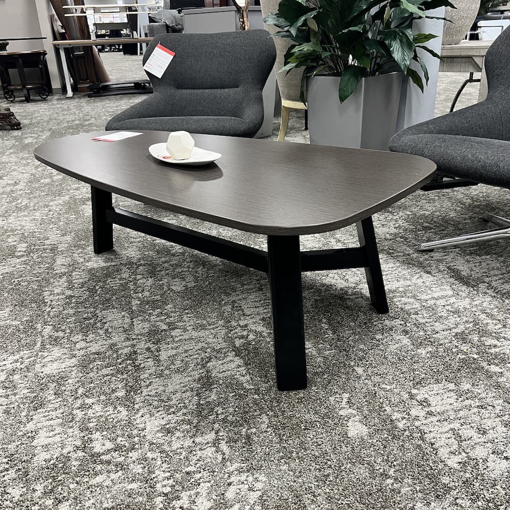 walnut lily pad mcm coffee table with black base, used furniture