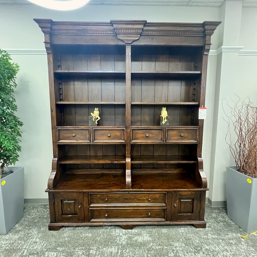 walnut distressed wood bookcase and drawers wall unit library, executive office furniture, used office furniture