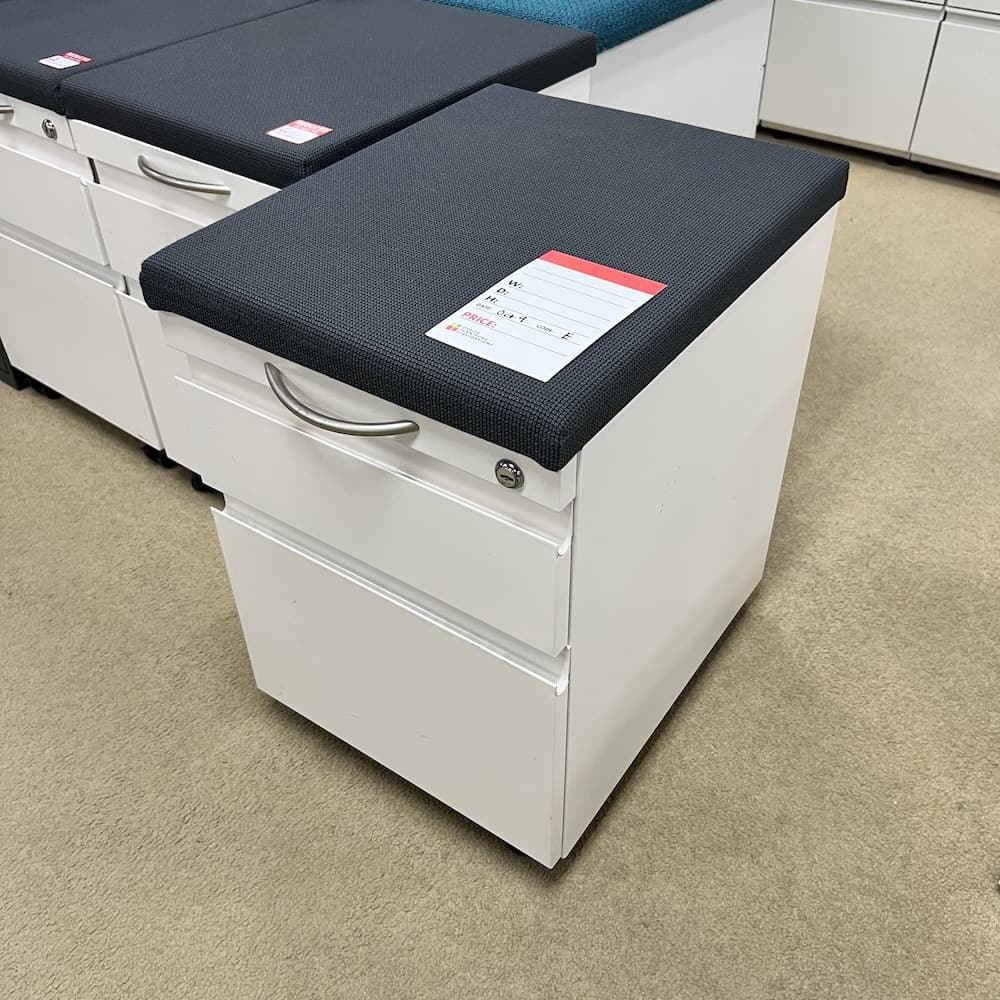 white metal rolling box file pedestal with grey cushion top, vertical storage, Herman Miller used office furniture